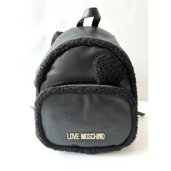 LOVE MOSCHINO Black Vegan Leather & Shearling Trimmed Backpack, NWT! $350 - Picture 2 of 10